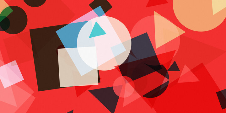 colorful geometric shapes and abstract forms on vibrant red background
