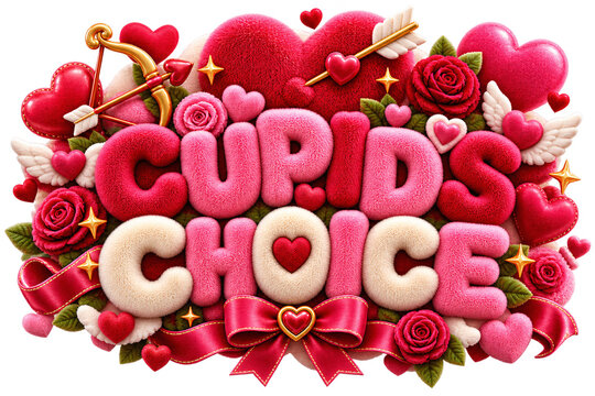 A Heartfelt Selection of Plush Valentine's Day Symbols and 'Cupid's Choice' Text, Celebrating Love with Romantic Arrows, Roses, and Adornments