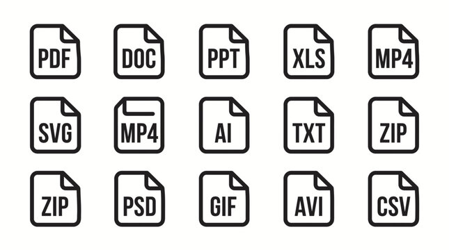 Set of fifteen digital file format icons featuring document types organized in grid layout design with representing various digital displays collection fifteen