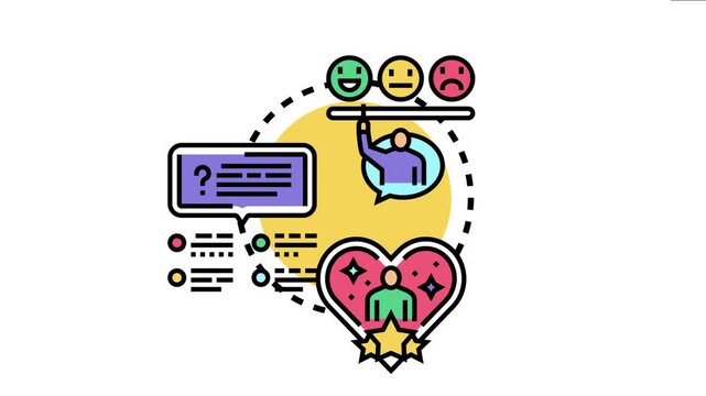 Customer experience assessment concept showing a person evaluating service feedback through surveys, star ratings, and emotional scales, focusing on client satisfaction and loyalty