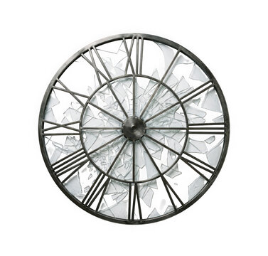 A vintage metal wall clock frame with shattered glass isolated on transparent background