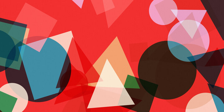 abstract geometric shapes in vibrant red background with overlapping circles and triangles of various sizes on dynamic textured surface