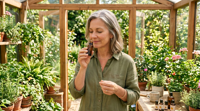 Mature woman smelling essential oil standing inside lush green greenhouse