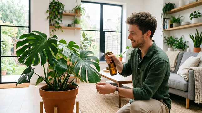 Smiling man using spray bottle on monstera plant in bright living room
