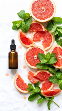 Amber glass bottle with fresh pink grapefruit slices and mint on white marble