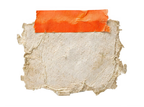 Textured fibrous handmade paper fragment with wide orange tape strip for vintage message display.