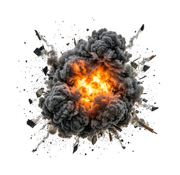 Massive explosion with fire and dark smoke isolated on transparent background
