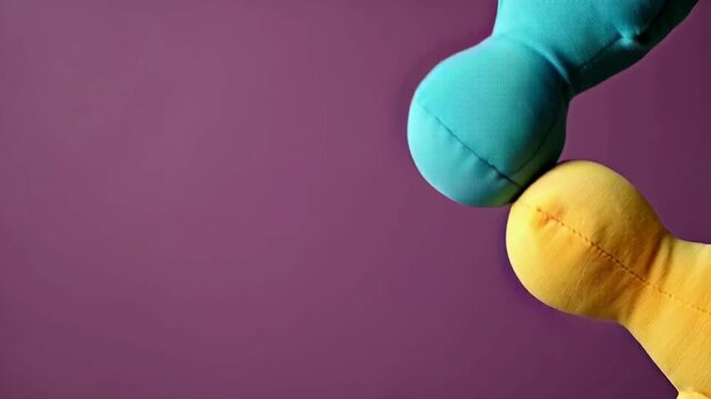 Close-up of two smooth fabric puppets colliding head-on and rebounding apart against a purple background, showcasing vibrant colors and playful design elements