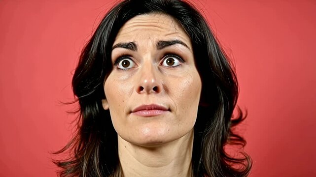 Close-up portrait of a female sign language interpreter in her thirties expressing emotions with her eyes and facial gestures against a solid colored background