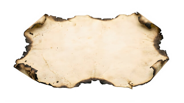 Aged parchment paper with burnt edges and curled corners for historical scroll design.