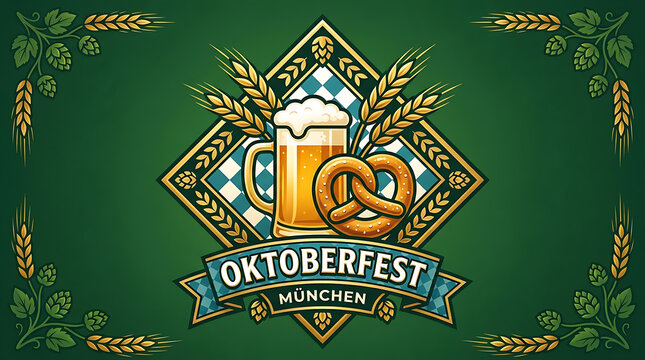 Oktoberfest munchen emblem with beer mug and pretzel on diamond pattern background, with wheat and, hops for traditional, german festival