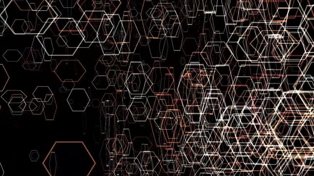 Dense Overlapping Orange And White Wireframe Hexagon Grid On Black
A dense, chaotic pattern of overlapping wireframe hexagons in glowing orange and white fills the frame against a black background.