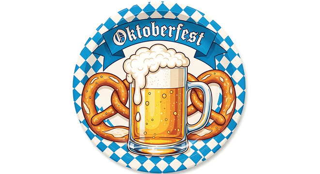 Oktoberfest round emblem with blue and white diamond pattern background, featuring a beer, mug and two, pretzels in the center