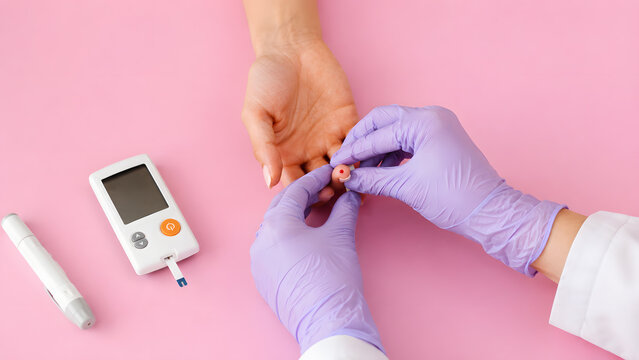 Finger prick blood glucose test close up