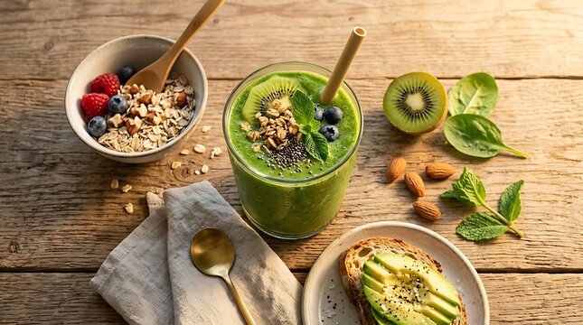 Healthy green smoothie and avocado toast on a rustic wooden table