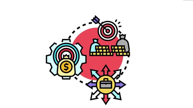 Financial strategy showing a target with arrow and money. A gear mechanism with a dollar bag. And a briefcase with multi directional arrows
