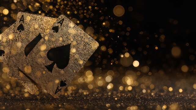 Golden Ace of Spades playing cards floating mid-air against a dark background with glittering bokeh lights and falling gold coins