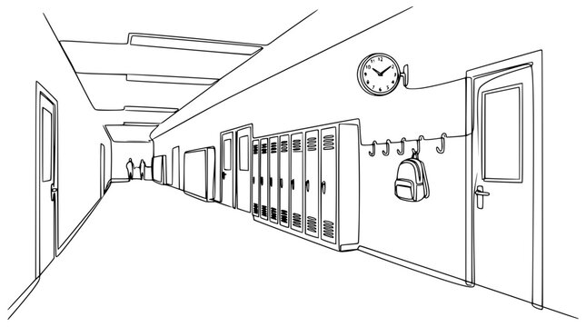 School hallway with lockers, clock, and doors, simple line drawing, transparent background