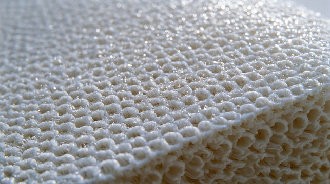 Industrial water filter membrane macro closeup of white synthetic surface with tiny bubble texture, soft light and shallow focus