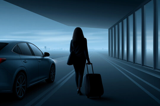 Person walks with suitcase near car in dim area