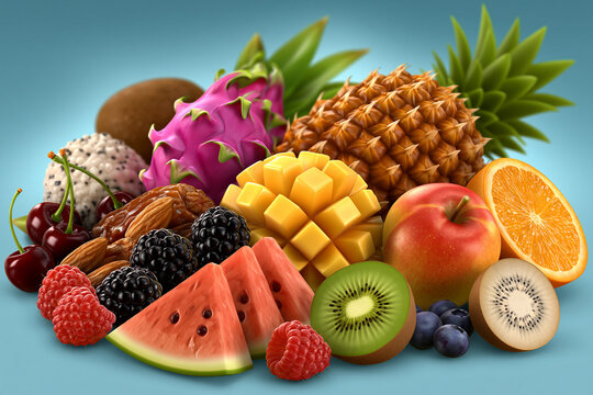 Colorful fruit display on blue backdrop