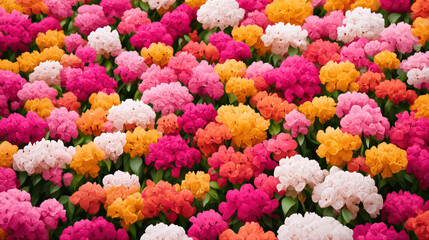 Fototapeta premium Colorful flower garden with vibrant pink, orange, yellow, and white blossoms in full bloom