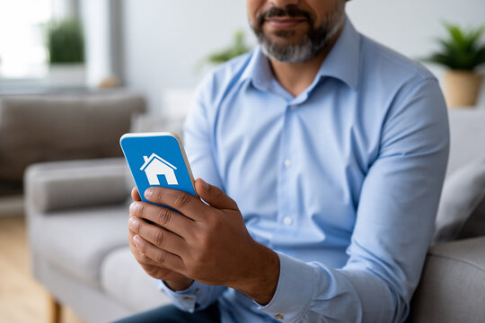 Man with smartphone and house icon indoors