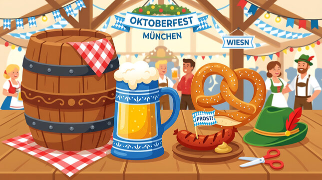 Festive oktoberfest beer tent scene with wooden barrel mug of ale and pretzel on a table for traditional german celebration event background