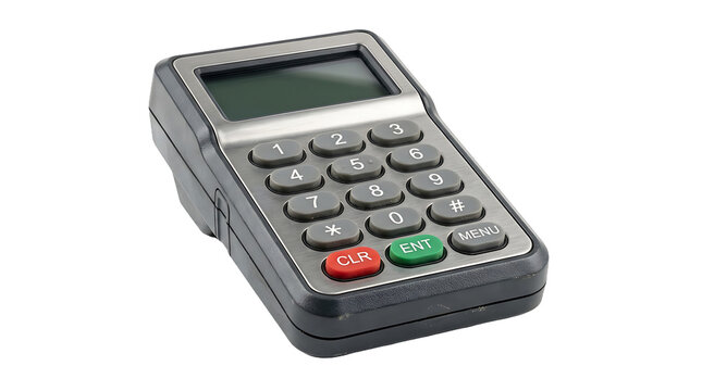 A portable electronic payment terminal with a numeric keypad used for secure credit card transactions in retail stores