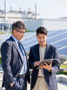 Two professionals review data on a tablet beside rooftop solar panels at a modern facility, discussing renewable energy performance