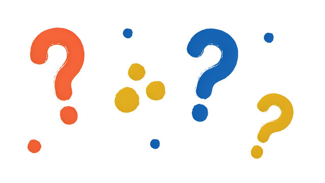 Colorful question mark icon set. Three vibrant abstract symbols. Orange, blue, and yellow query signs. Dotted graphic elements for design.