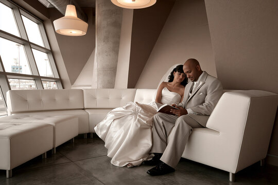 Couple in wedding attire reading together indoors
