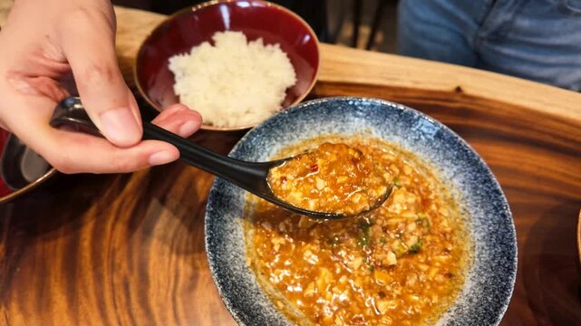 Spoon Scooping Spicy Mapo Tofu onto White Rice in Blue Bowl
