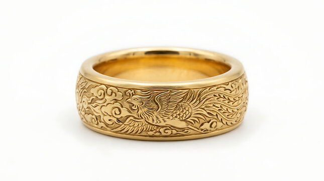 Wide yellow gold wedding band featuring an intricate engraving of a phoenix bird and traditional cloud patterns isolated on a white background.
