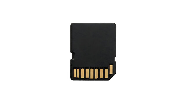 A single black sd memory card isolated on a white background for digital data storage and photography use