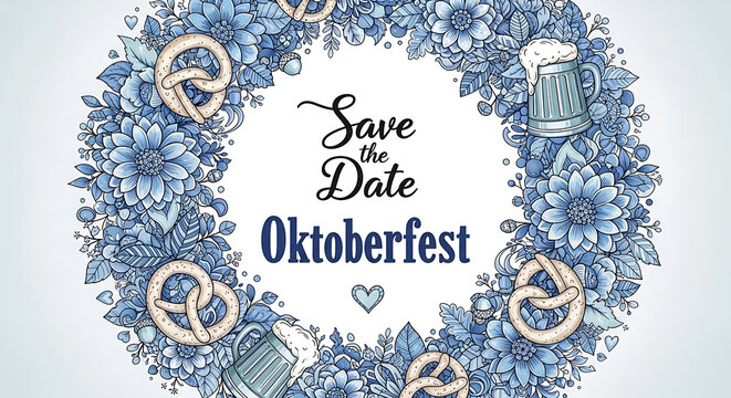 Save the date oktoberfest invitation with blue floral wreath frame featuring beer mugs and pretzels on a light background