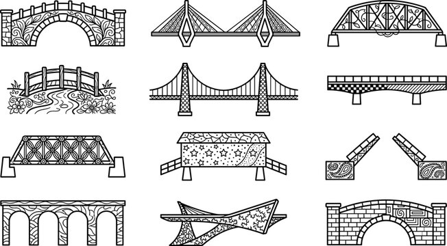 Collection of Diverse Bridge Styles Isolated on Transparent Background Line Art Vector Illustrations