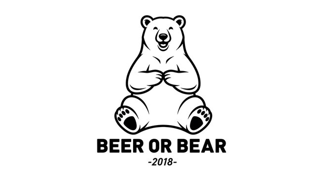 Minimalist black and white of a sitting bear holding a beer mug for beer or bear festival branding and projects