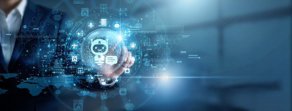 Programmer touching holographic UI managing global Chatbots implementations. Developer testing automated customer service conversational agents and natural language processing scripts.