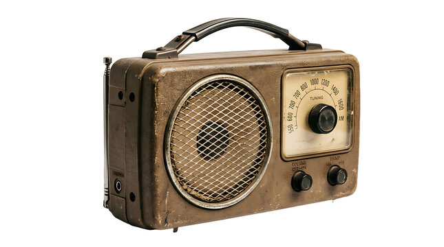 A vintage portable radio with a wooden casing and metal speaker grille isolated on a clean white background