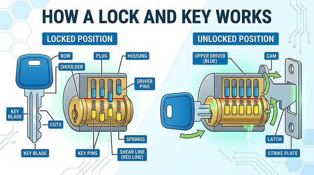 Diagram explaining the internal mechanism of a lock and key
