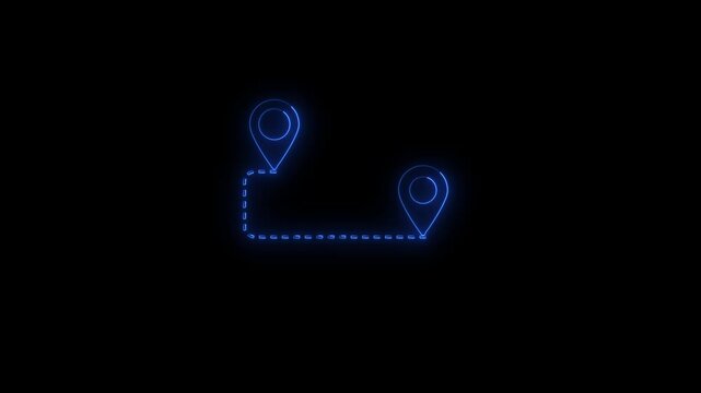 Neon map location pins with animated path line on black background, navigation