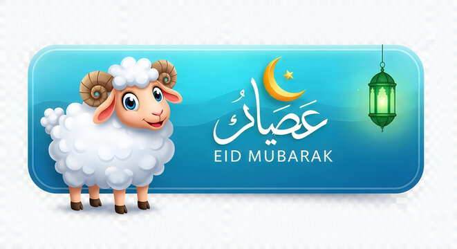 Cute cartoon sheep illustration for eid mubarak celebration with a glowing lantern background