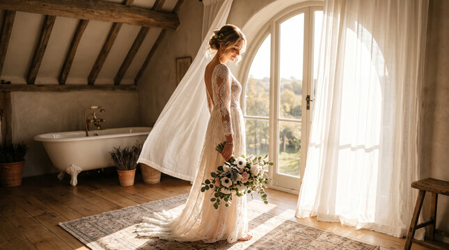 Barefoot bride in lace dress with bouquet standing by arched window in rustic attic