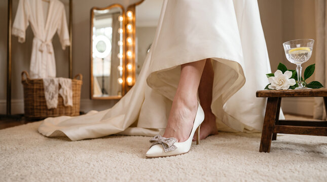 Bride putting on white satin heels with sparkly bow during wedding preparation