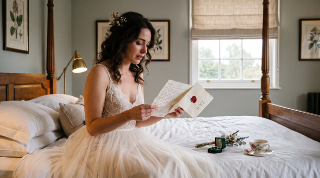 Bride reading love letter with wax seal sitting on bed beside ring box