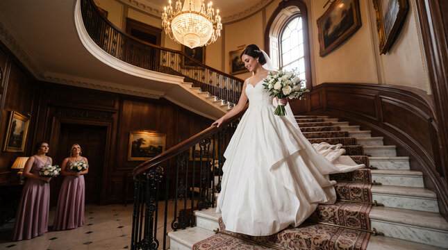 Bride in ball gown descending grand marble staircase with bouquet while bridesmaids watch