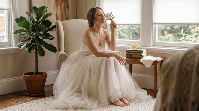 Barefoot bride in tulle dress smelling white flower while sitting in armchair in cozy room