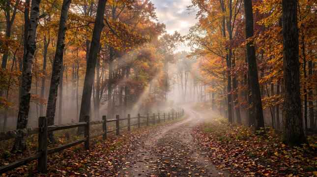 Foggy autumn road with wooden fence and golden trees in morning mist