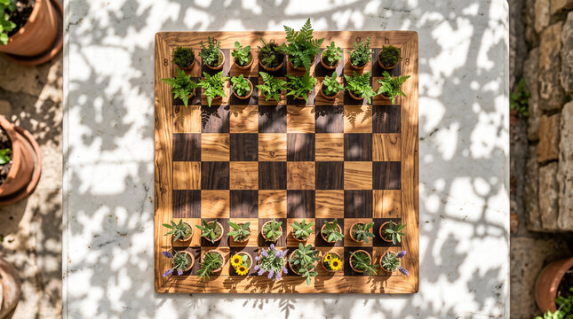 Chess board with living plants instead of pieces symbolizing peace and growth over conflict